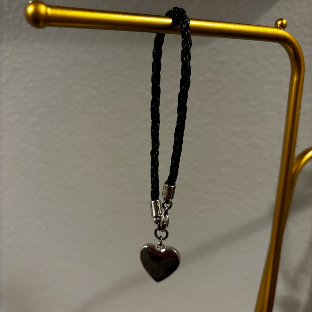Nine West Silver Heart Pendant on Black Braided Leather Bracelet